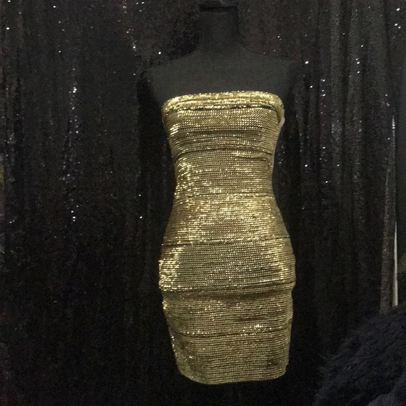 Gold shiny strapless tight dress size S - Picture 3 of 4